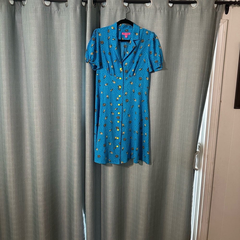 Betsey Johnson Blue and Yellow Lemon Retro Dress